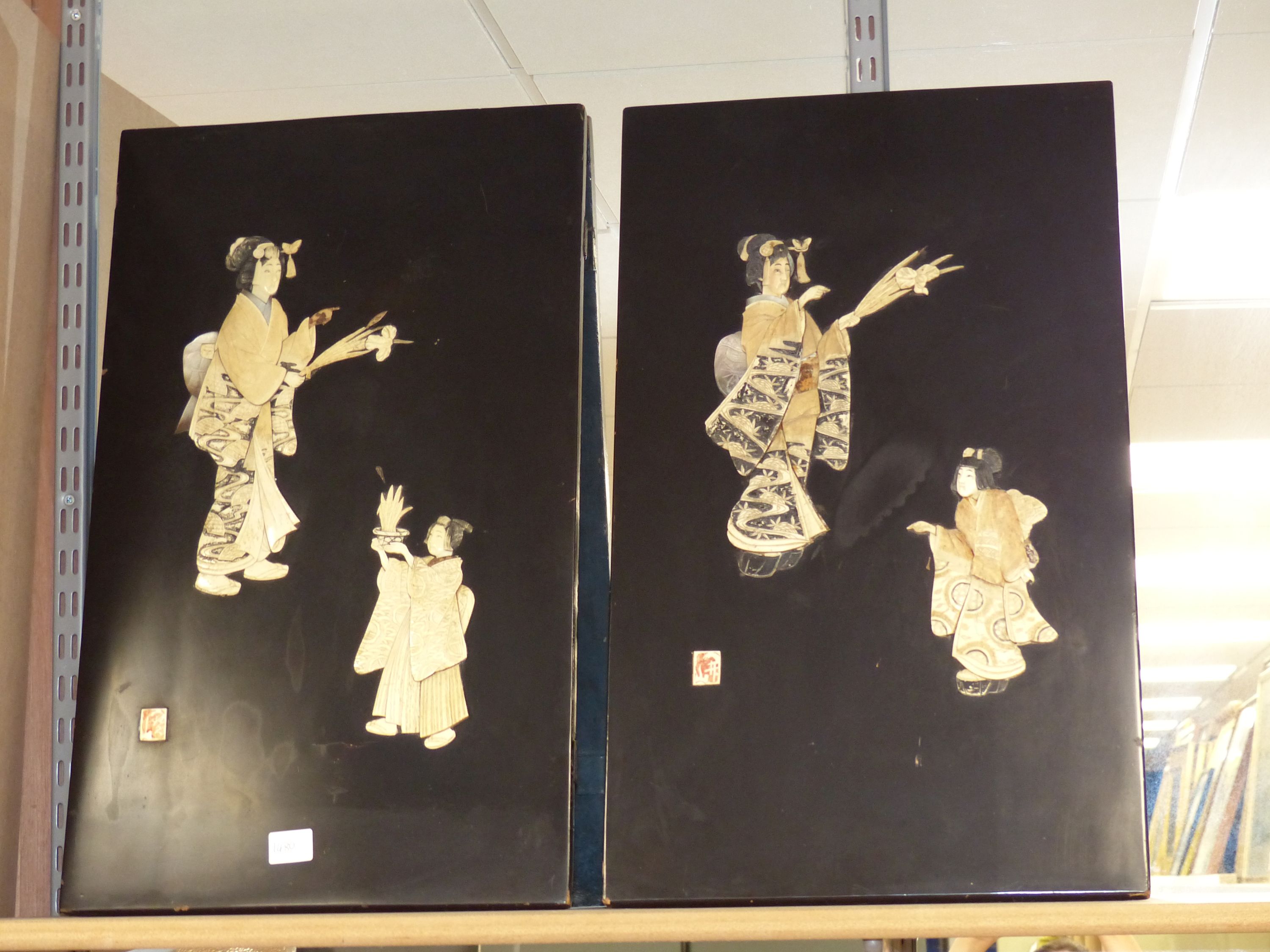Two Japanese Shibayama style panels of bijin, 61 x 36cm